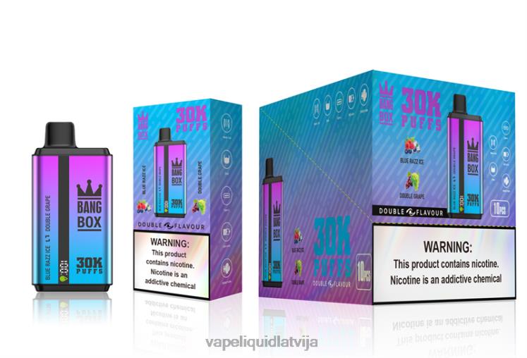 Vape Šķidrumi - Bang Box 30 000 uzpūtienu dubultās garšas J8F2F72 zils razz ledus un dubultā vīnoga